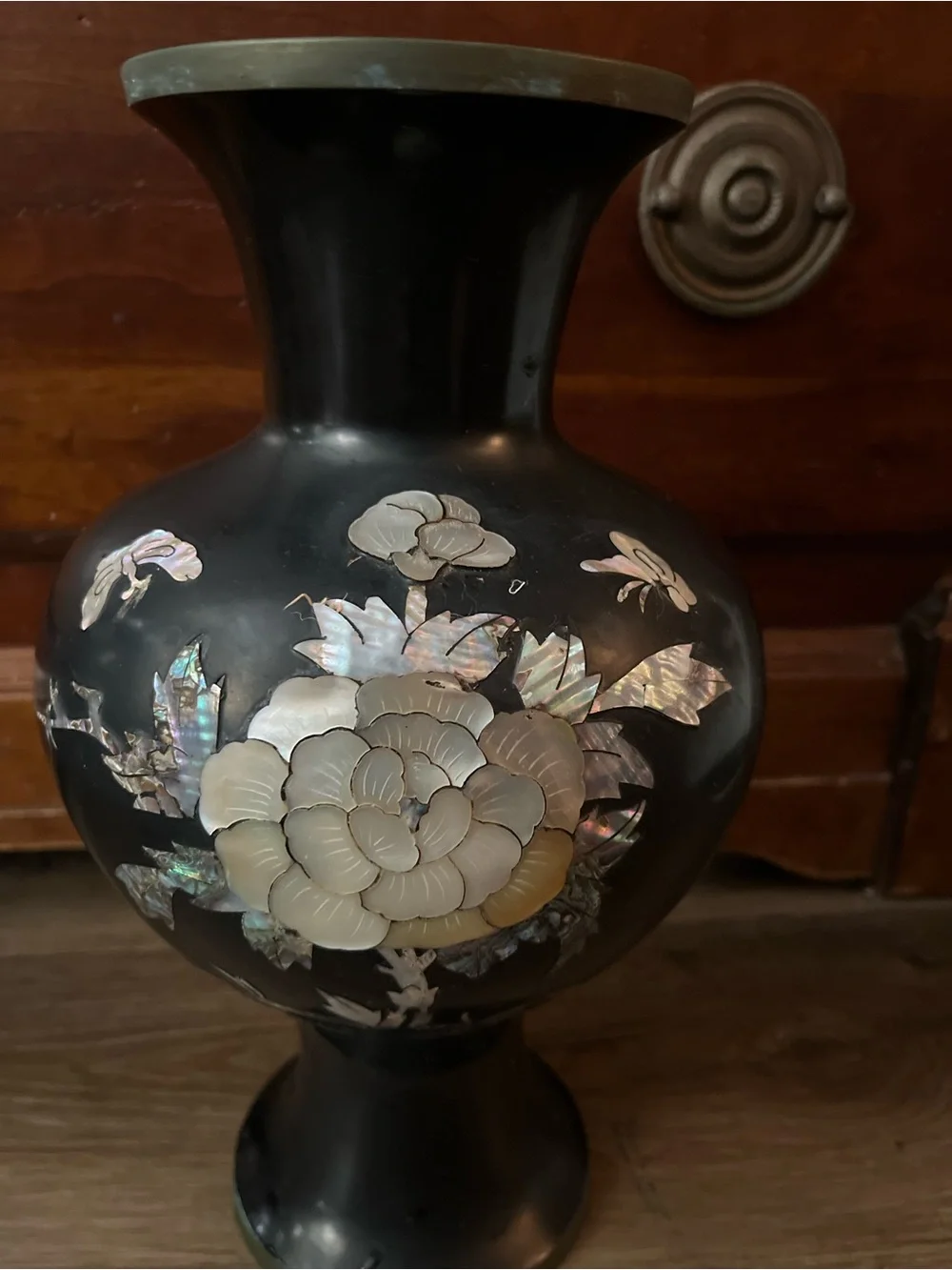 Iridescent Mother-of-Pearl Floral Black Accent Vase brass inside